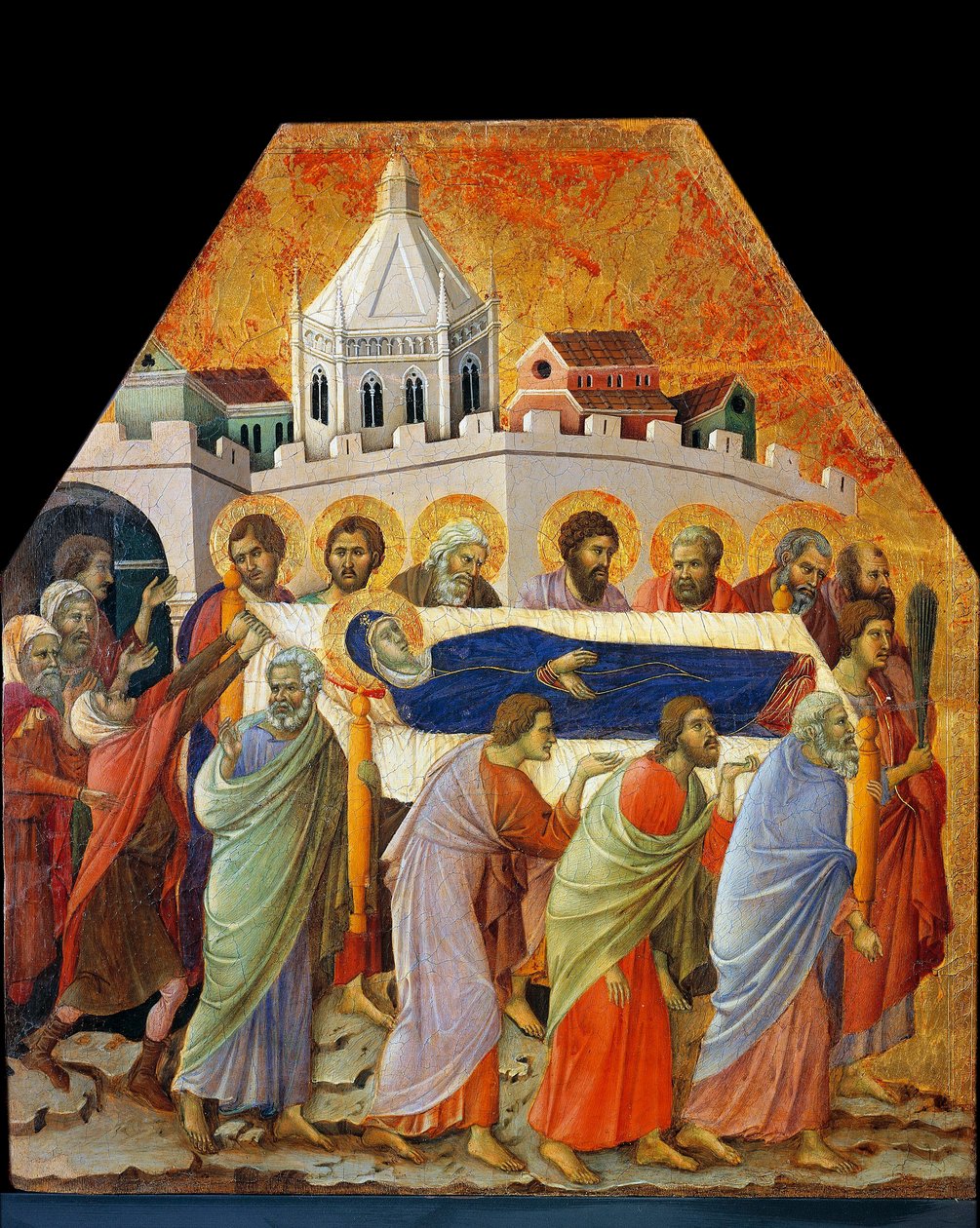 Neitsyt, Pyhän Johanneksen, kämmenellä, hautajaiset avaa tien (tempera puulla tekijältä Duccio di Buoninsegna
