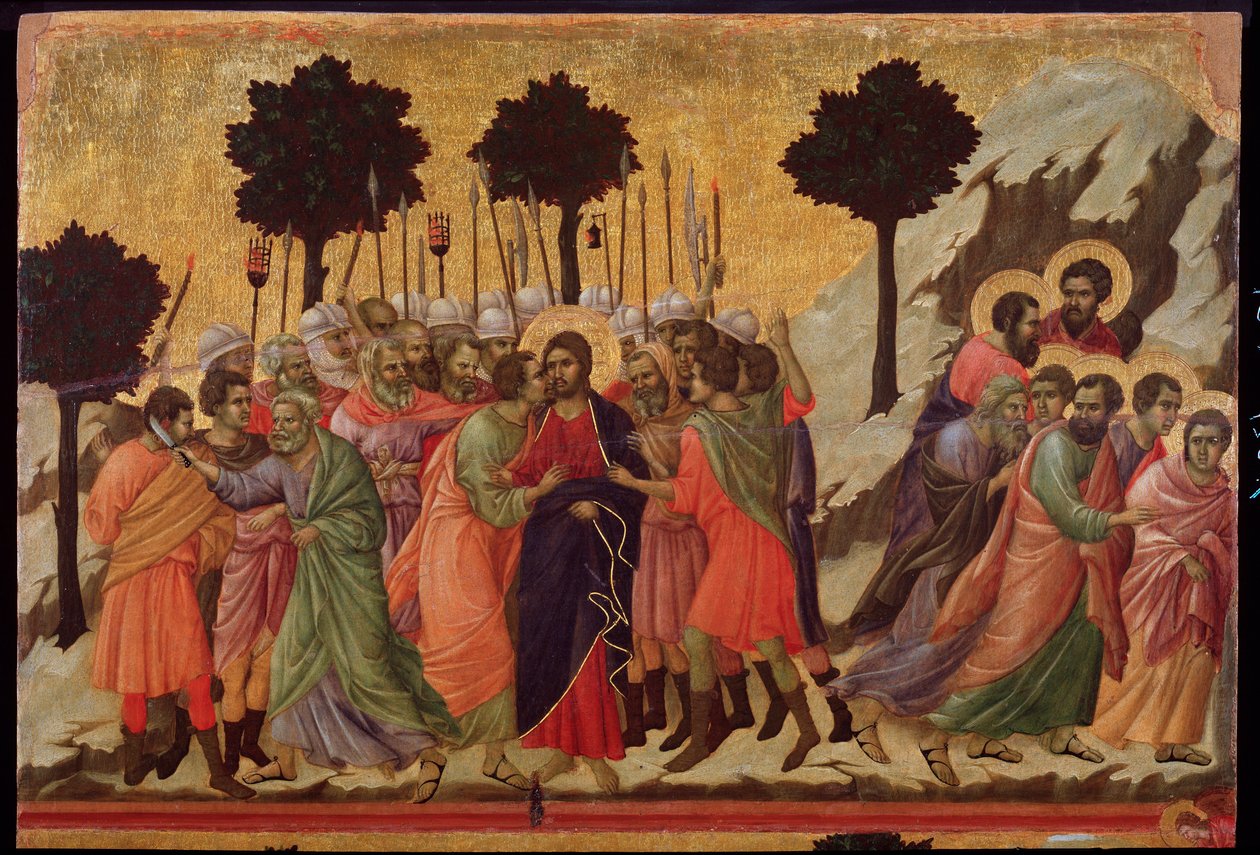 Juudaksen suudelma ja Jeesuksen vangitseminen. Maesta alttaritaulu (tempera puulla tekijältä Duccio di Buoninsegna