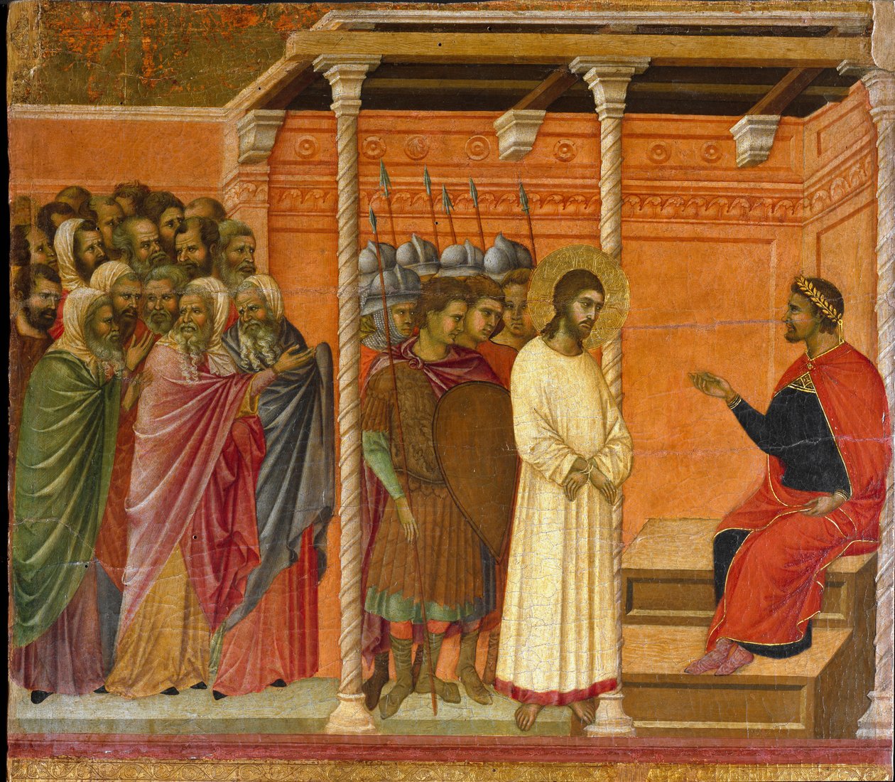 Pontius Pilatuksen toinen Kristuksen kuulustelu - Maestan alttaritaulun selkä tekijältä Duccio di Buoninsegna