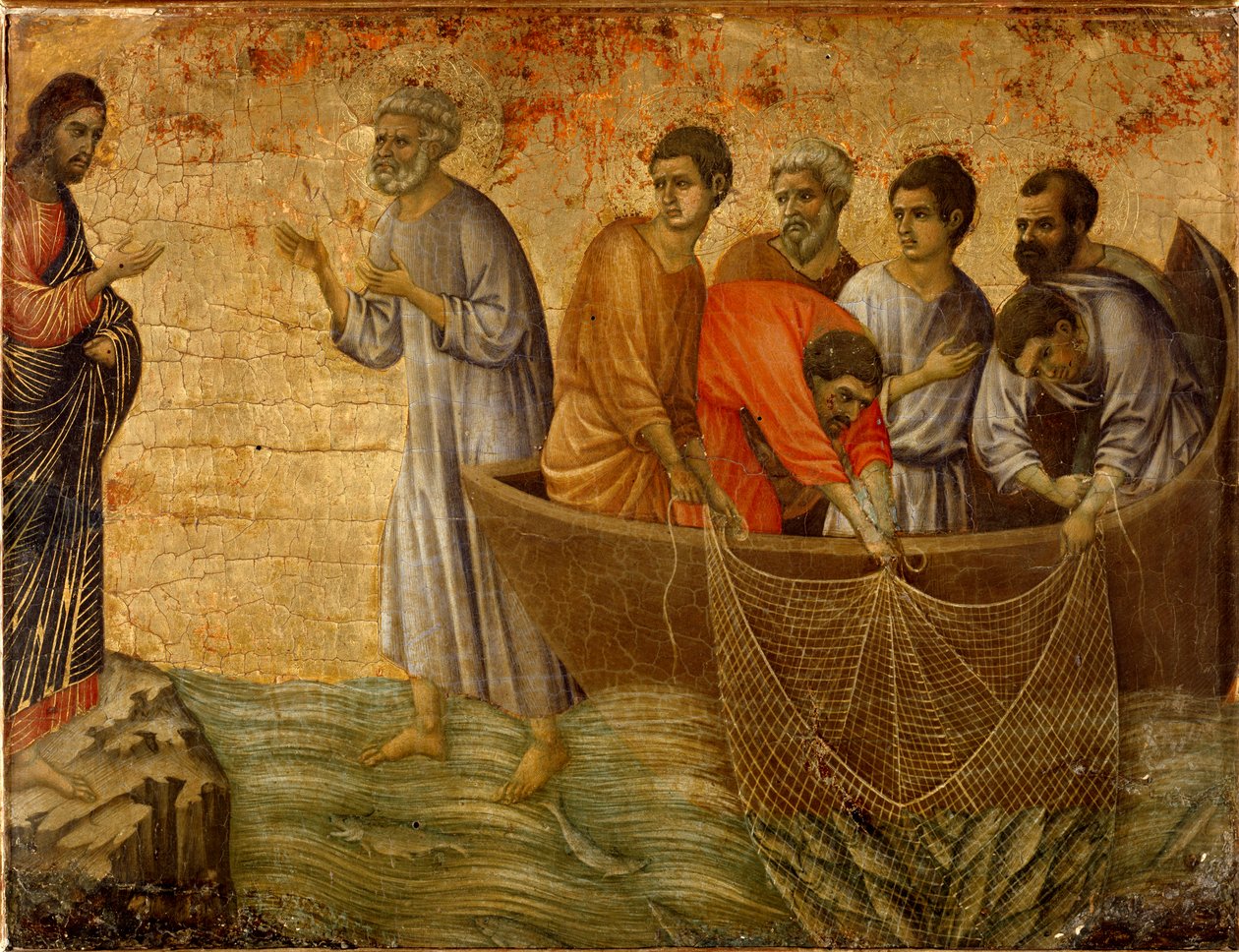 Toinen ihme synti: Kristuksen ilmestyminen apostoleille Tiberiasjärvellä tekijältä Duccio di Buoninsegna