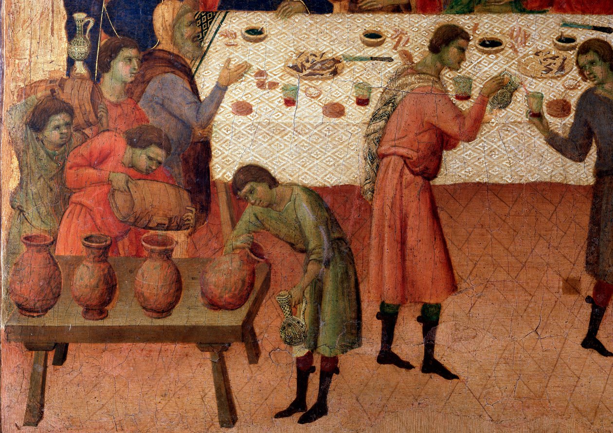 Häät Canassa. Yksityiskohta alttaritaulun takaosa (tempera ja kulta puulla tekijältä Duccio di Buoninsegna