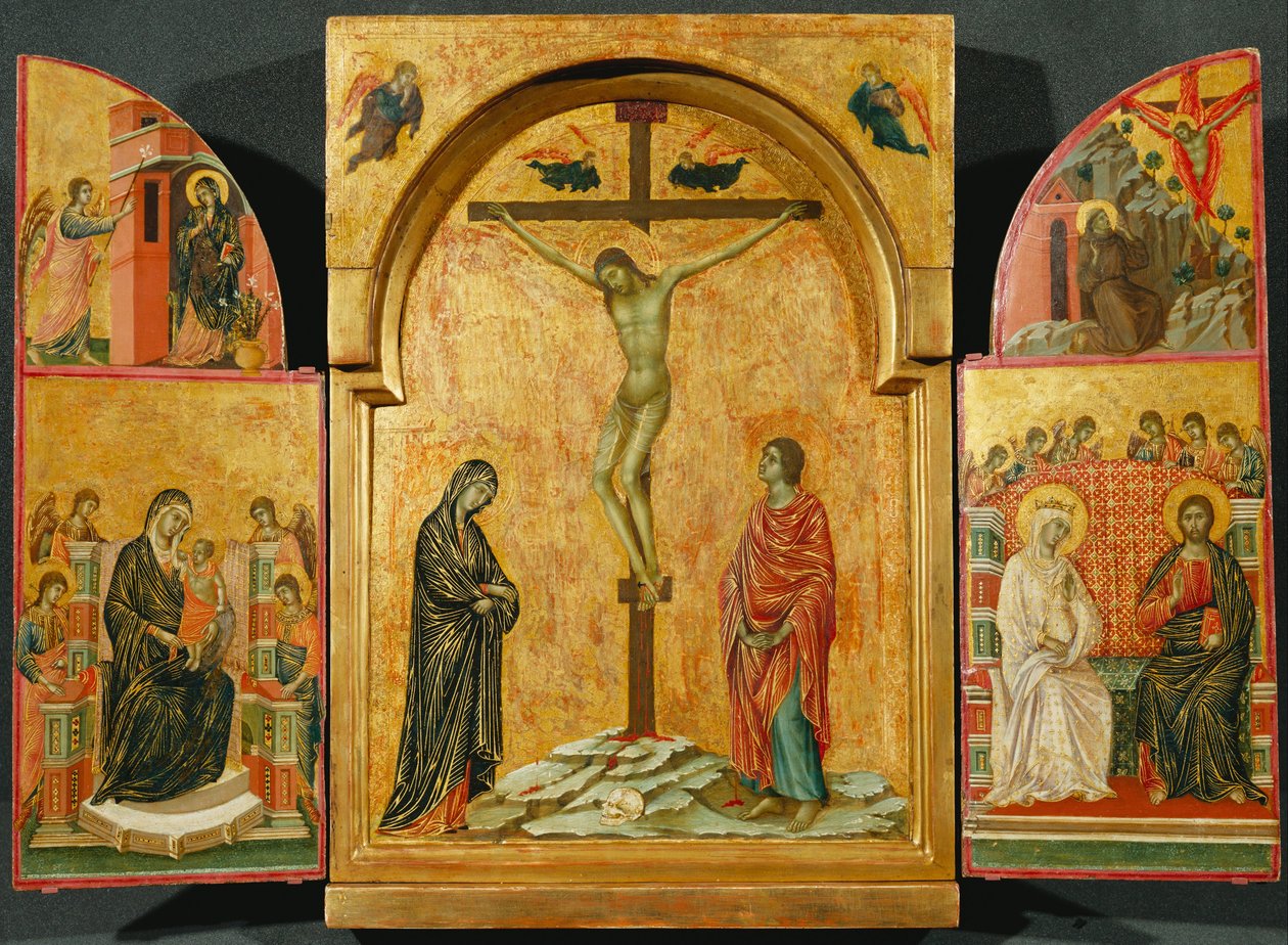 Triptyykki: Ristiinnaulitseminen ja muita kohtauksia tekijältä Duccio di Buoninsegna