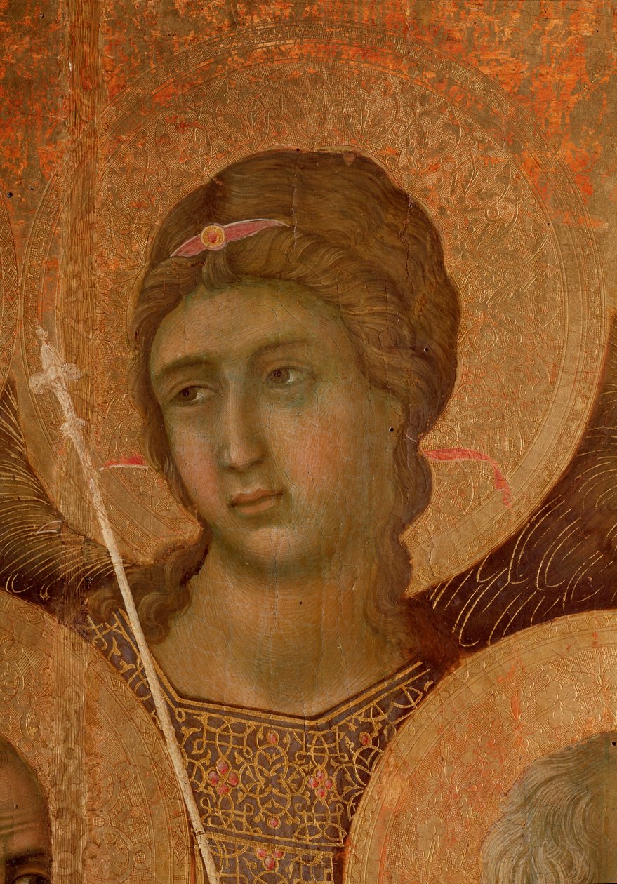Neitsyt ja lapsi valtaistuimella. Yksityiskohta La Maesta (tempera ja kulta puulla tekijältä Duccio di Buoninsegna