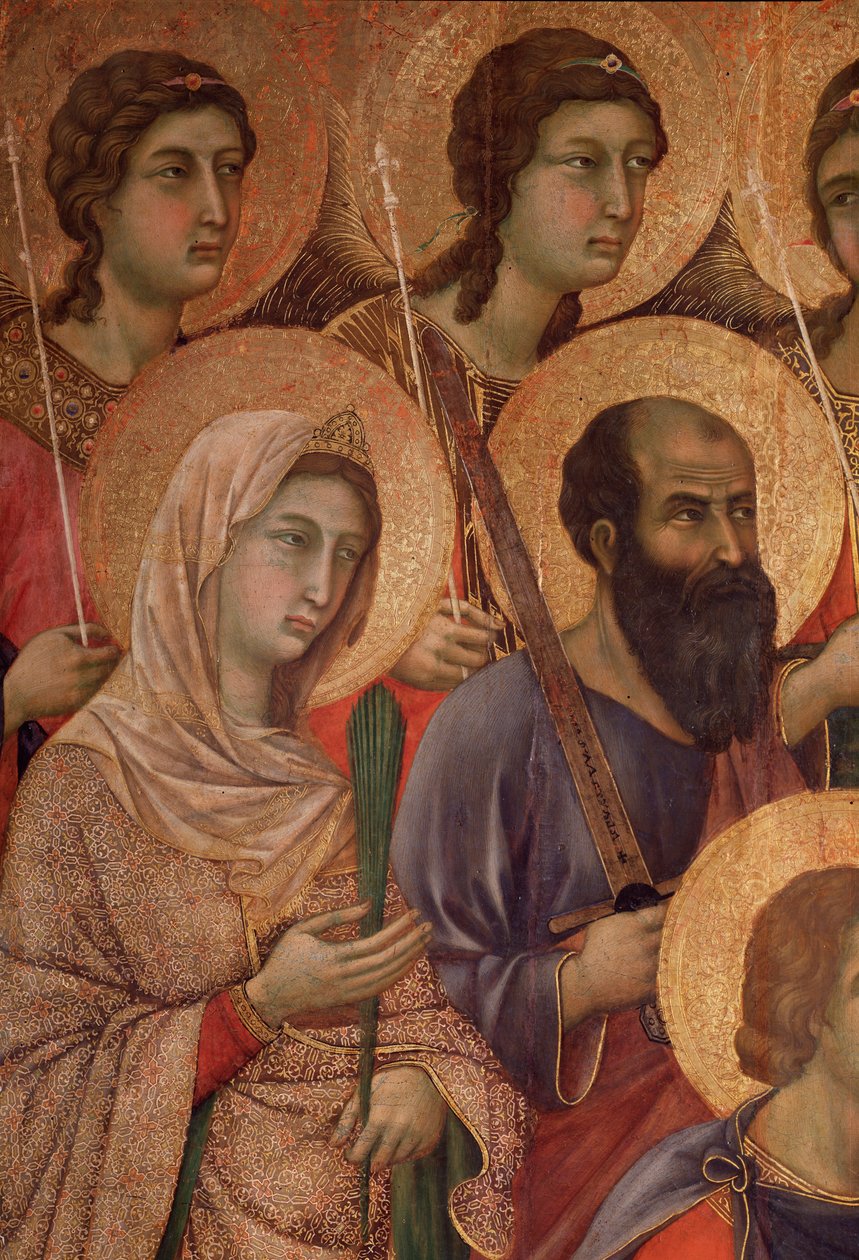 Neitsyt ja lapsi valtaistuimella, yksityiskohta pyhä Katariina Aleksandrialainen ja pyhä Paavali. (La Maesta) (tempera ja kulta puulla tekijältä Duccio di Buoninsegna