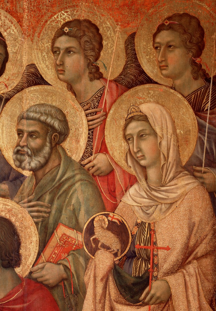 Neitsyt ja lapsi valtaistuimella, yksityiskohta pyhä Pietari ja pyhä Agnes (La Maesta) (tempera ja kulta puussa tekijältä Duccio di Buoninsegna