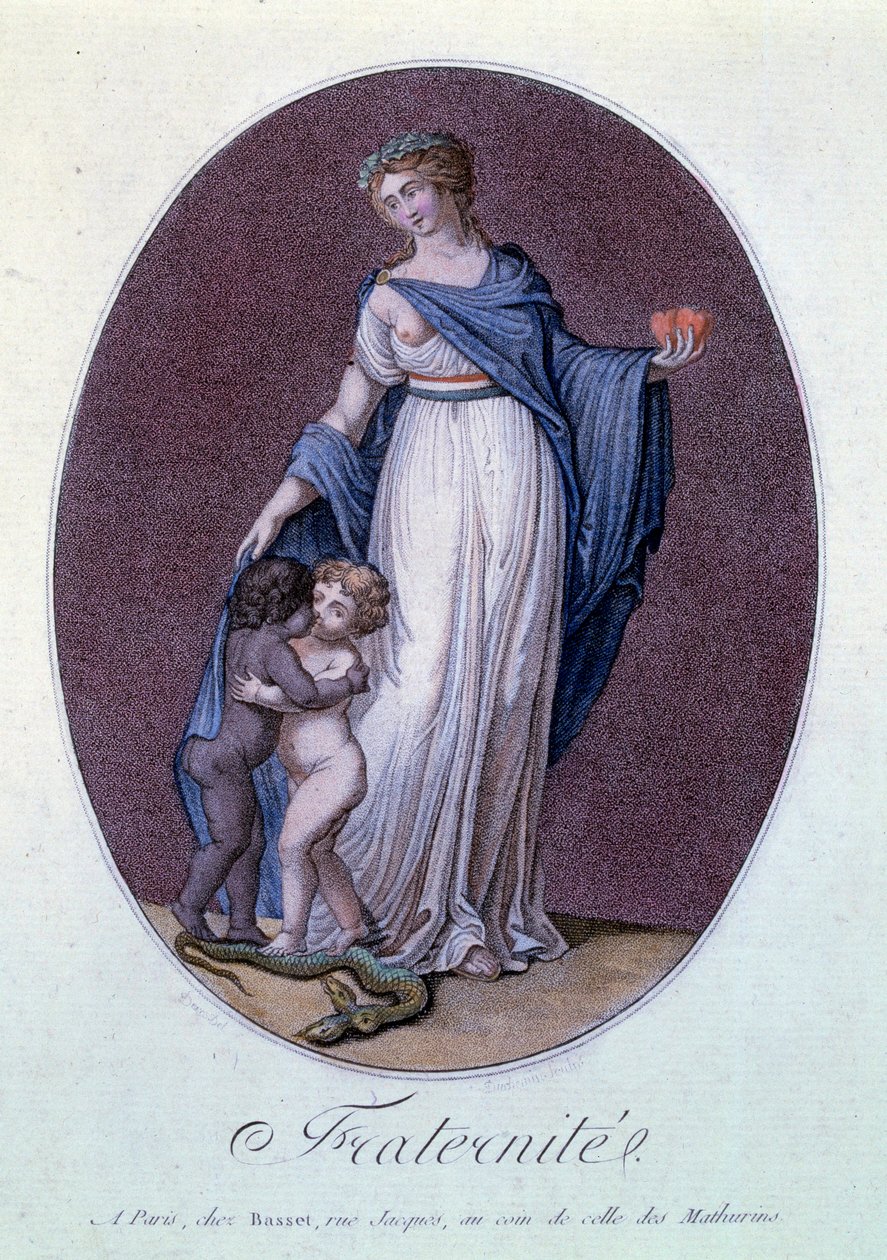Ranskan vallankumous "" Fraternite"" Allegoria Ranskan orjuutta vastaan, kun eriväriset lapset suutelevat toisiaan. R. Ducheminin grafiikka (1700- tai 1800-luku) Paris, Musee Carnavalet tekijältä Duchemin Duchemin