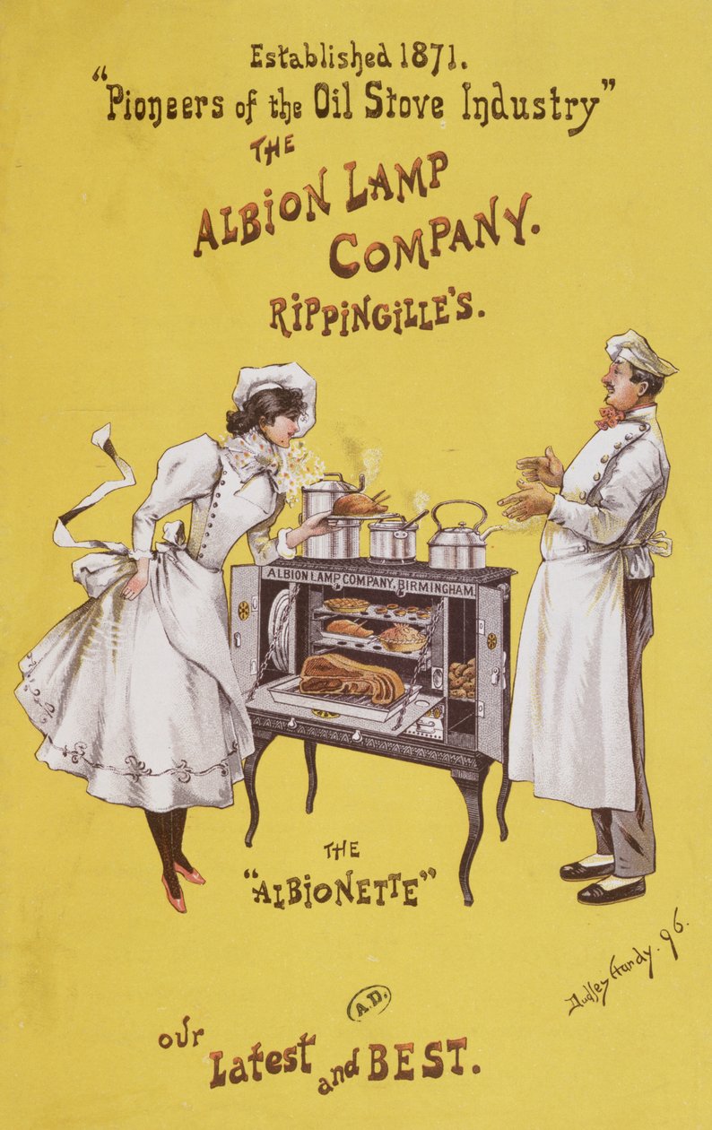 Mainos "The Albionette" -uunista, valmistaja "The Albion Lamp Company", 1896 tekijältä Dudley Hardy