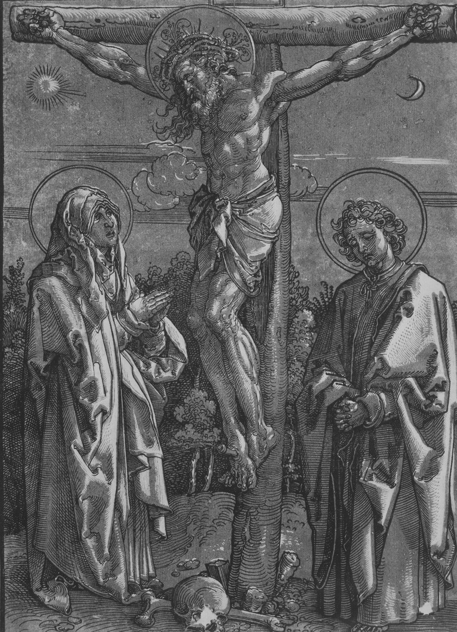 Kristus ristillä Neitsyen ja Pyhän Johanneksen kanssa, 1500-1550. tekijältä Dürer School.