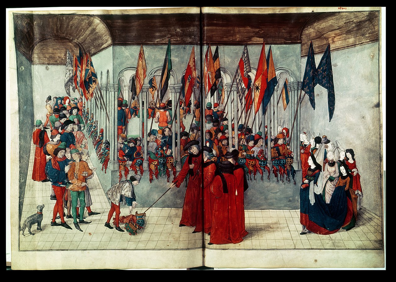 54998 bis Ms. fr. 2692 fol.47v-48r Valmistelut turnausta varten, tutkielmasta. tekijältä Duke of Anjou and King of Naples Rene or Renatus I