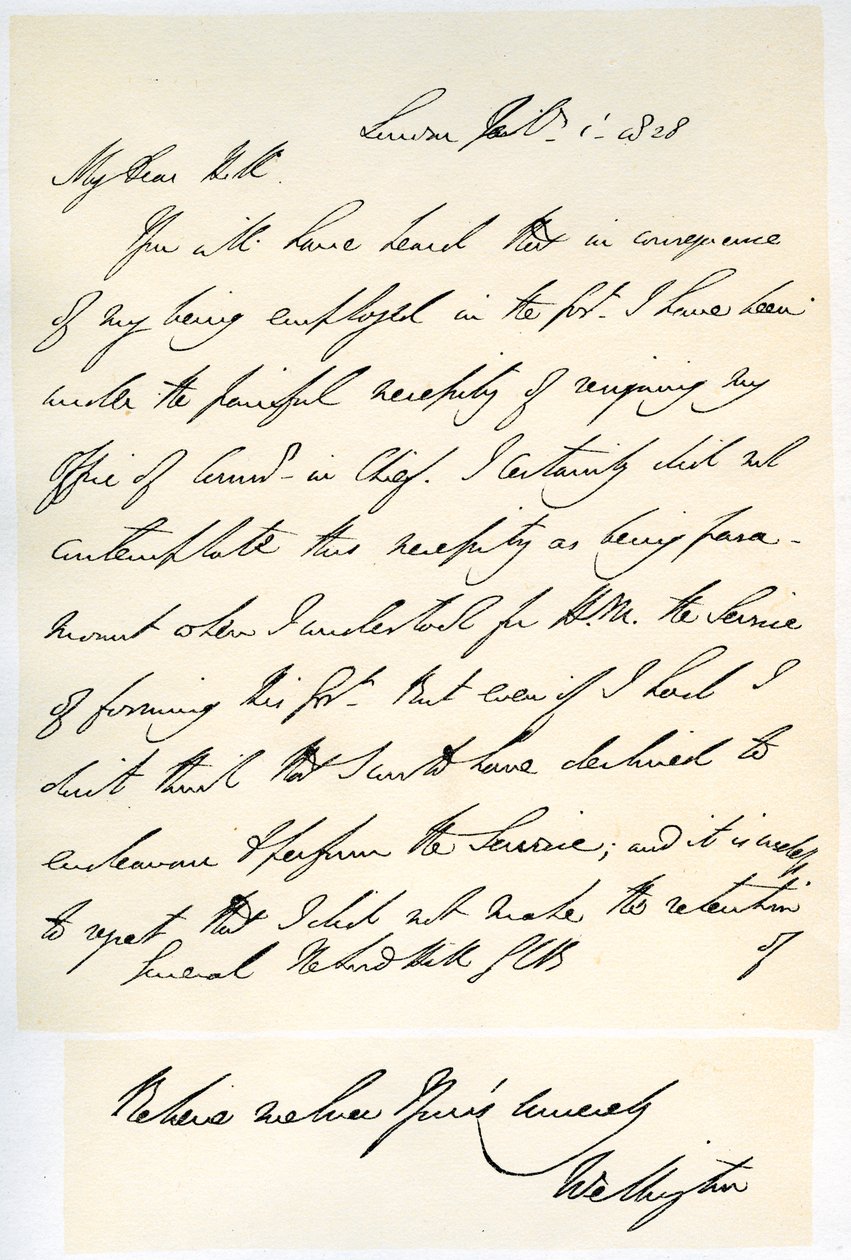 Wellingtonin herttuan kirje kenraali Rowland Hillille, 1. helmikuuta 1828. tekijältä Duke of Wellington