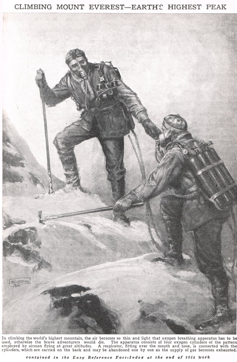 Kiipeily Mount Everestille, kuvitus Newnes Pictorial Book of Knowledge -kirjasta, n. 1920 tekijältä Duncan McPherson