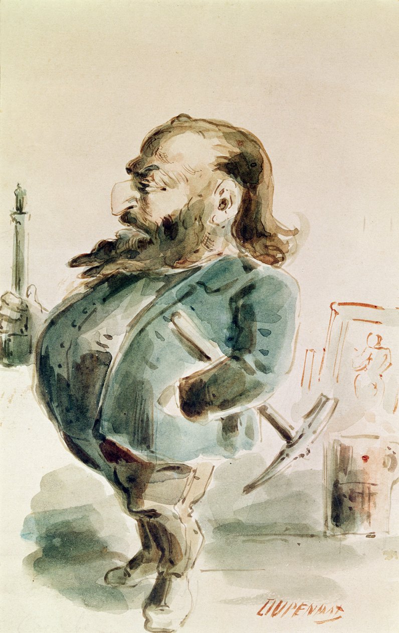 Karikatyyri Gustave Courbetista (1819-77), joka pitelee Colonne de Vendomea tekijältä Dupendant