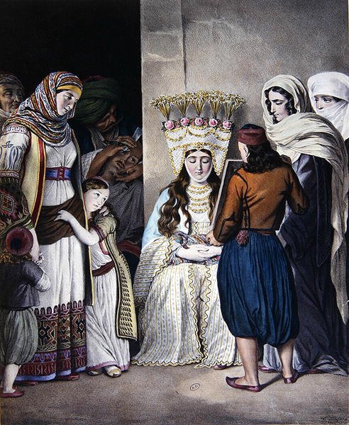 Kreikan ortodoksiset häät Ateenassa (n. 1825) (väri litho) tekijältä Dupre Dupre