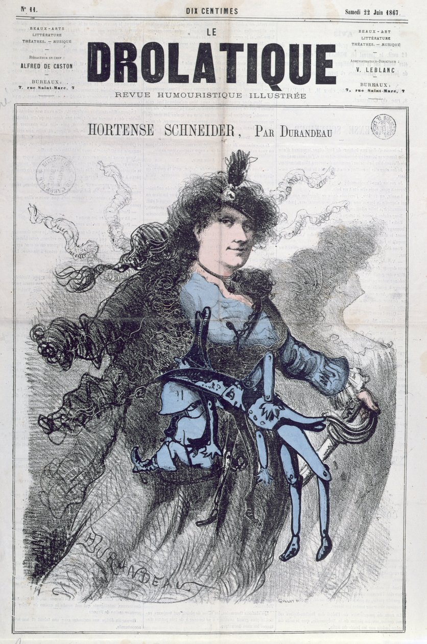 Hortense Schneiderin (1833-1920) karikatyyri "Le Drolatique" -lehden etukannessa, 22. kesäkuuta 1867 tekijältä Durandeau