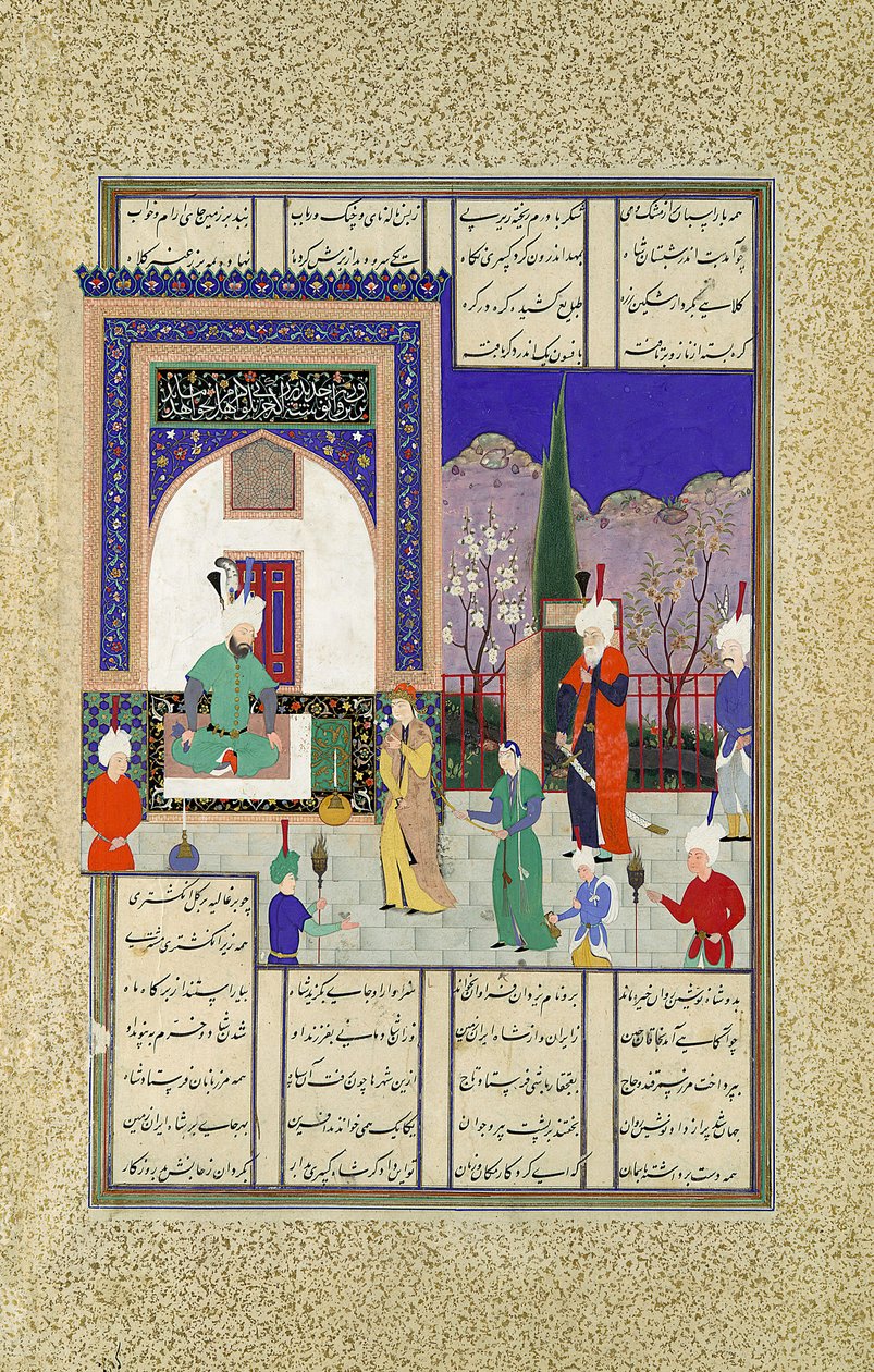 Nushirvan tervehtii Khaqanin tytärtä, Folio 633v Shahnama Book of... -kirjasta, n. 1530-35. tekijältä Dust Muhammad