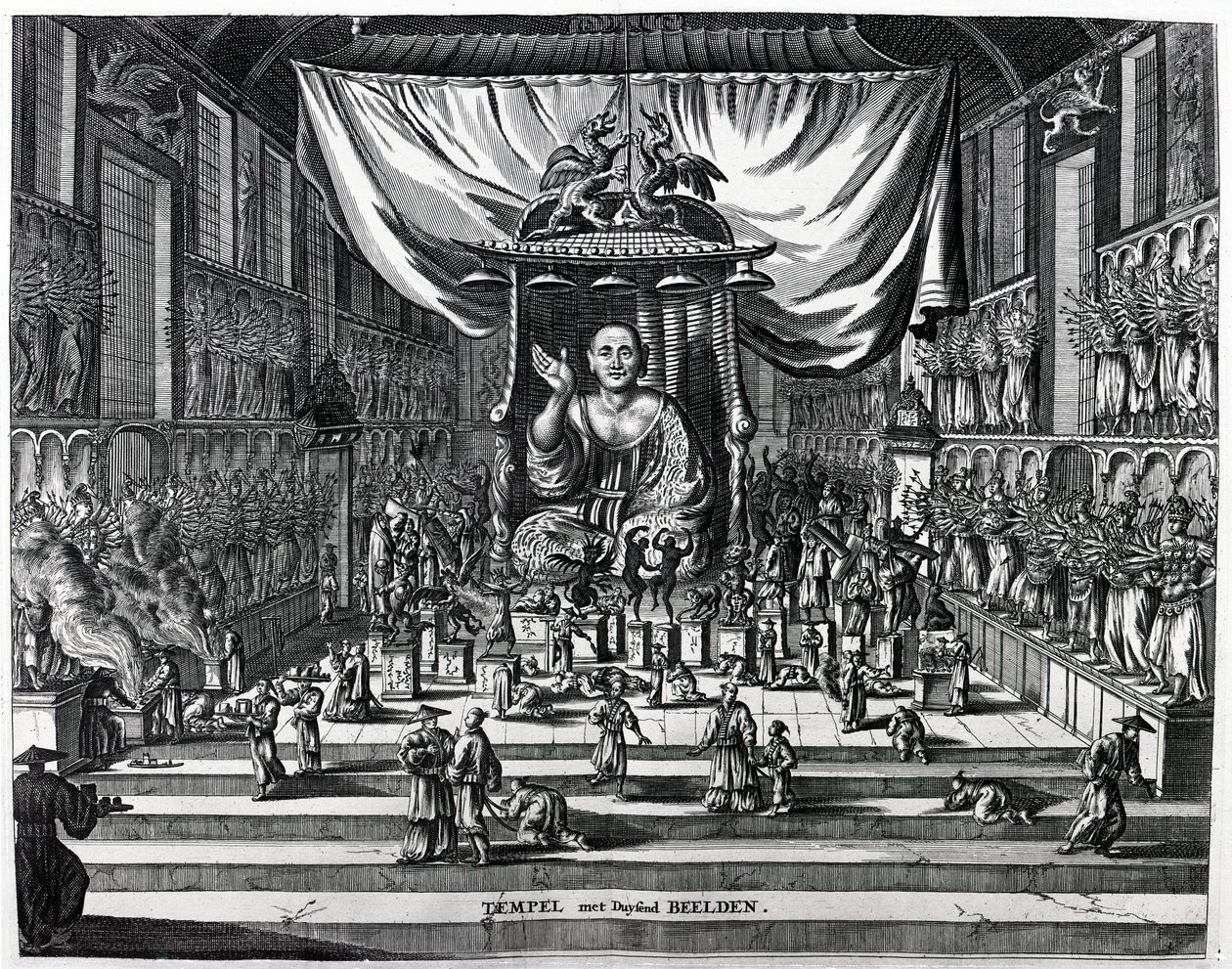 Buddhalainen temppeli, kuvitus Arnoldus Montanuksen Atlas Chinensisistä, 1671 tekijältä Dutch School