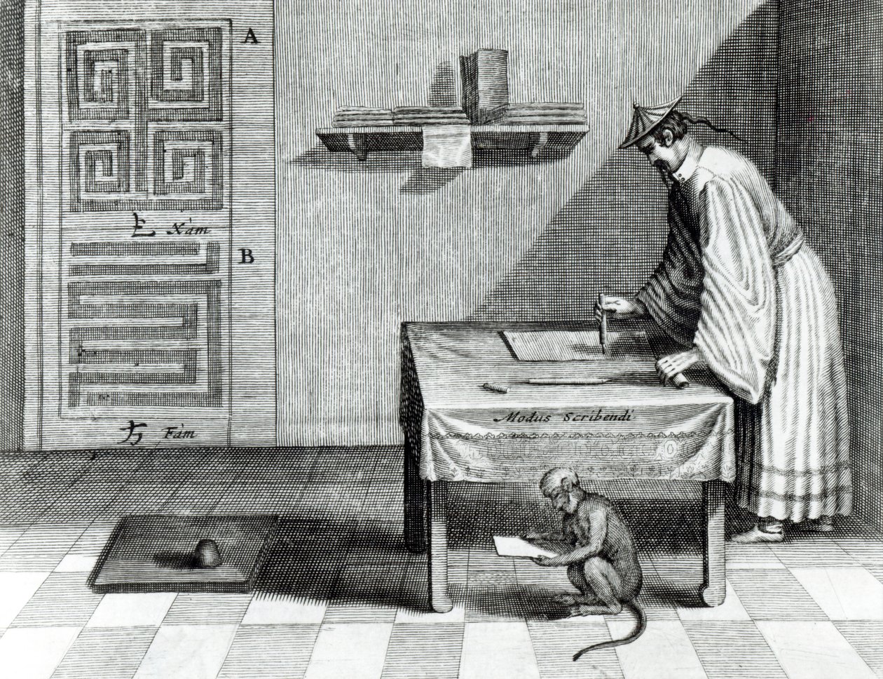 Kiinalainen kirjanoppinut, Athanasius Kircherin (1601-80) kuvasta "China Illustrated" 1667 tekijältä Dutch School