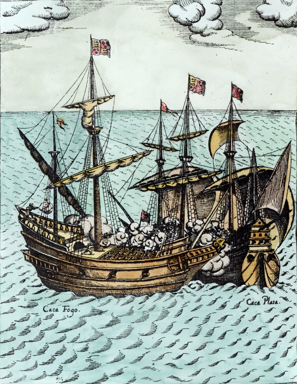 Espanjalainen aarrealus, jonka Francis Drake (n. 1540-1596) ryösti Tyynellämerellä (myöhempi väritys) tekijältä Dutch School