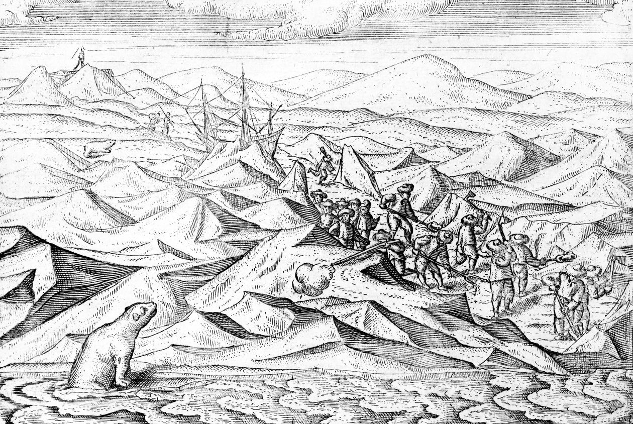 Polun raivaaminen jäissä olevalle alukselle, kuvitus teoksesta "William Barentsin kolme matkaa arktisille alueille", julkaistu n. 1600 tekijältä Dutch School