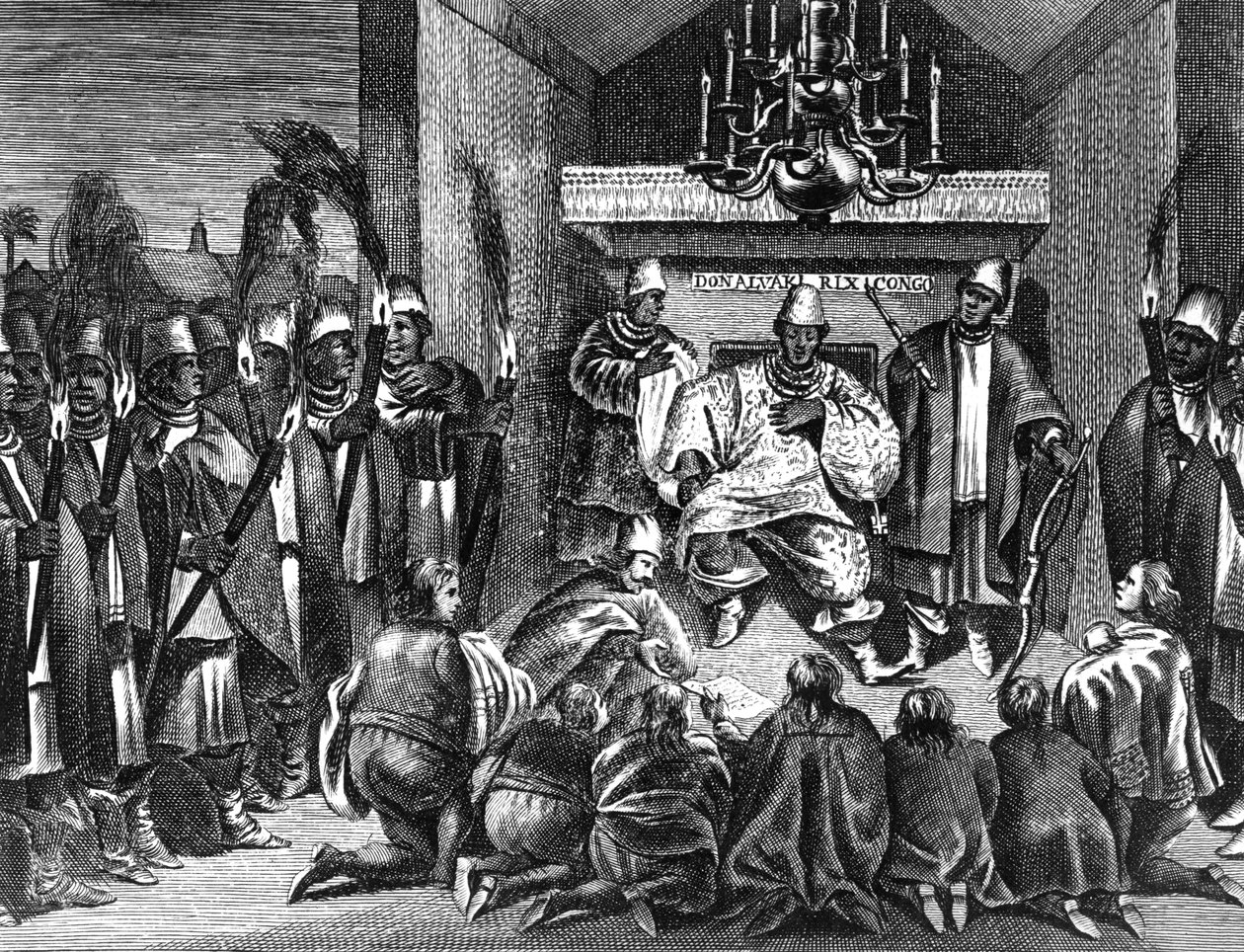 Kongon kuningas Alvaro I vastaanottaa Alankomaiden suurlähettiläät, kuvitus Olfert Dapperin vuonna 1668 julkaistusta Afrikan kuvauksesta tekijältä Dutch School