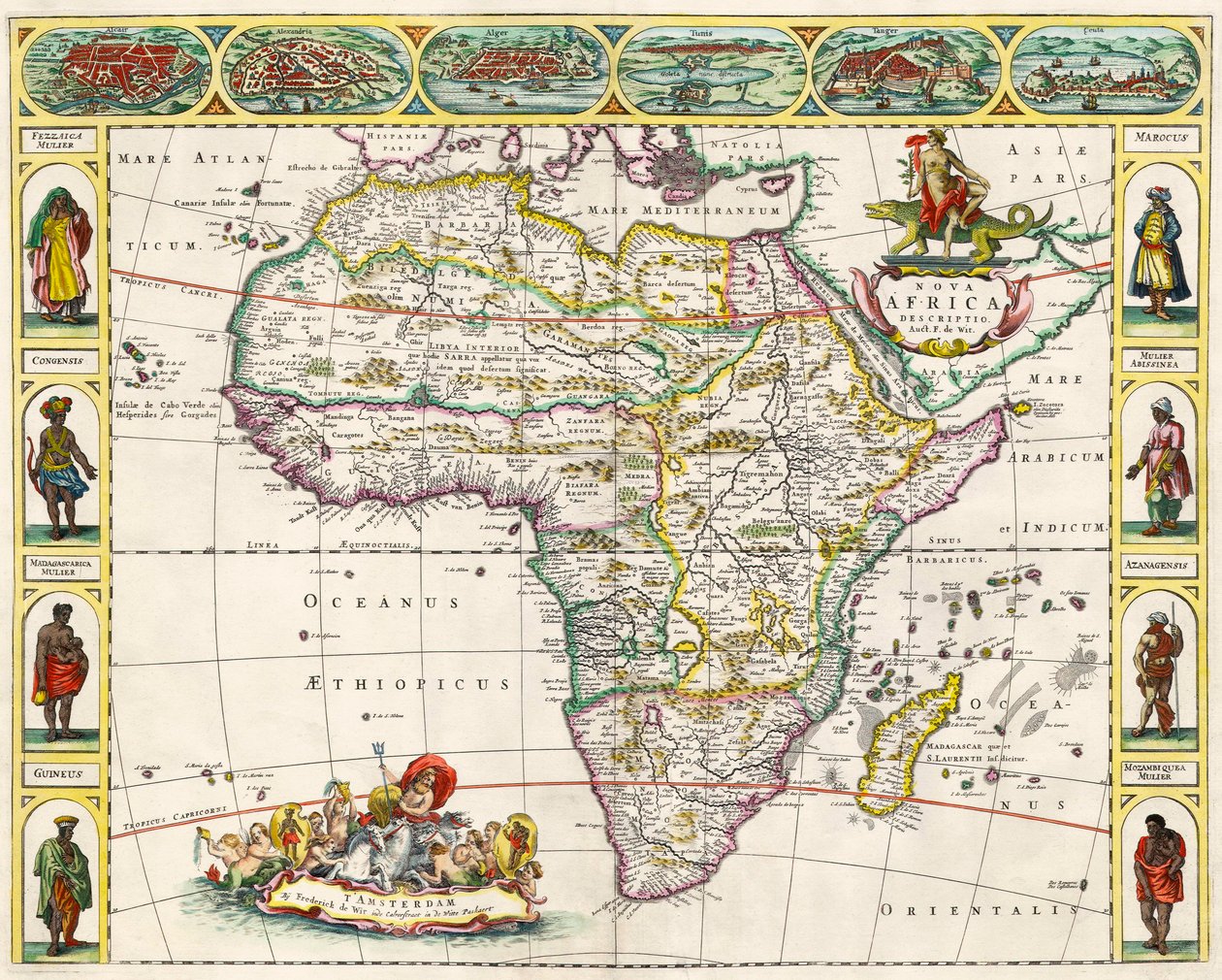 Afrikan kartta, Nova Africa Descriptiosta, julkaisi Amsterdamissa 1660-luvulla hollantilainen kartografi Frederik de Wit tekijältä Dutch School