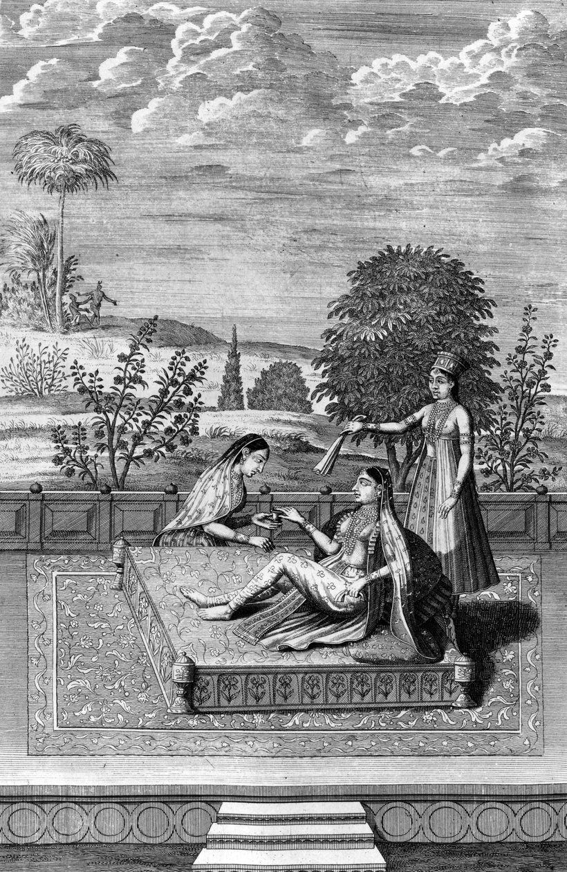 Mumtaz Mahal, Shah Jahanin vaimo, kuvitus Francois Valentjinin teoksesta "Oud -En Nieuw-Oost Indien", julkaistu ensimmäisen kerran n. 1726 tekijältä Dutch School