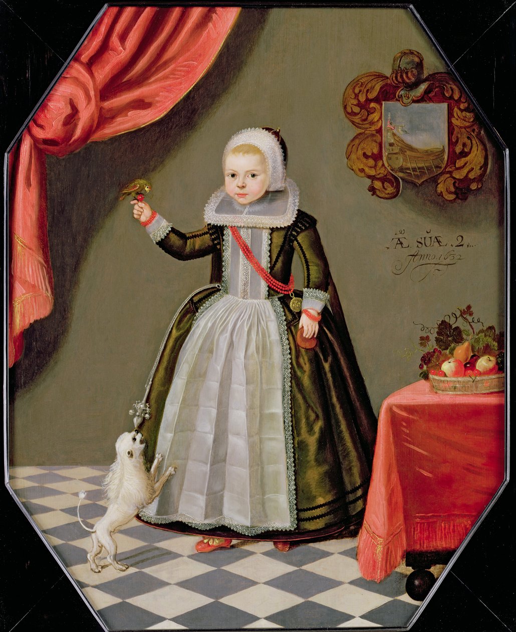 Muotokuva nuoresta tytöstä, jolla on lintu sormessa ja koira jaloissaan, 1632 tekijältä Dutch School