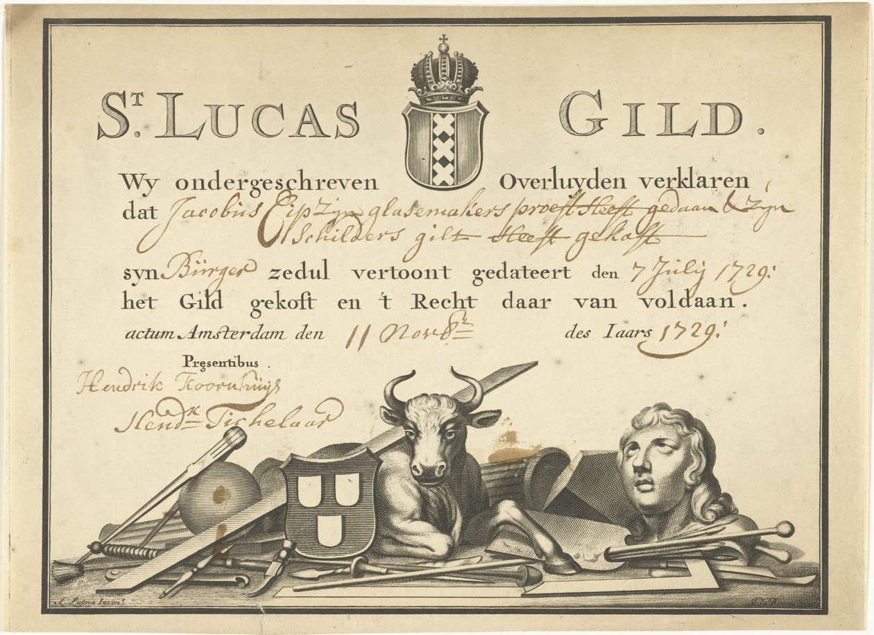 Kuitti Pyhän Luukkaan kilta Amsterdamissa lasittaja James Cipille, 1729 tekijältä Dutch School