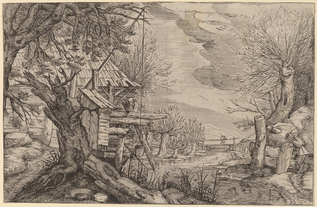 Maisema hirsitalolla lähellä jokea tekijältä Dutch 17th Century, formerly Jacques de Gheyn II