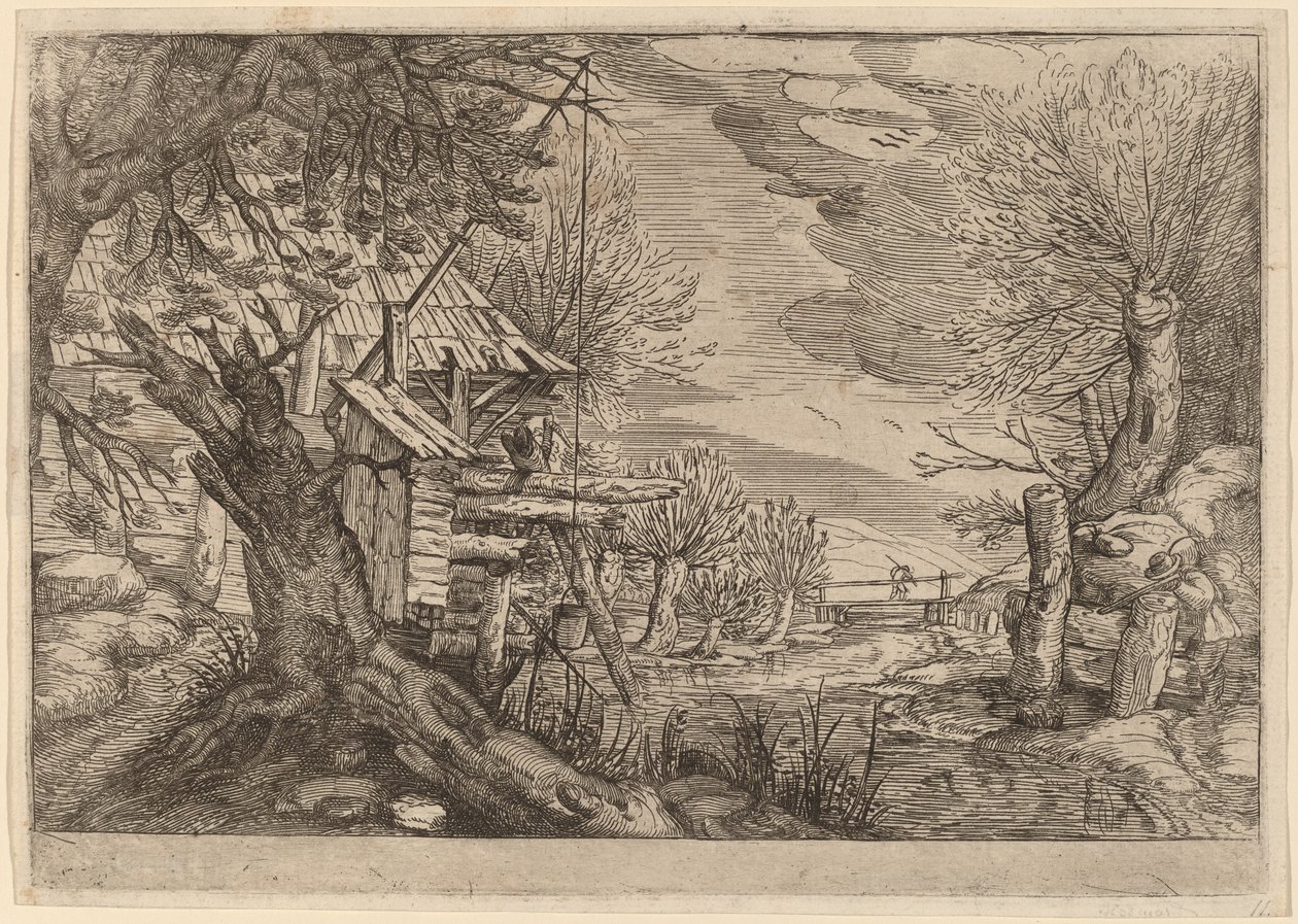 Maisema hirsitalolla lähellä jokea tekijältä Dutch 17th Century, formerly Jacques de Gheyn II