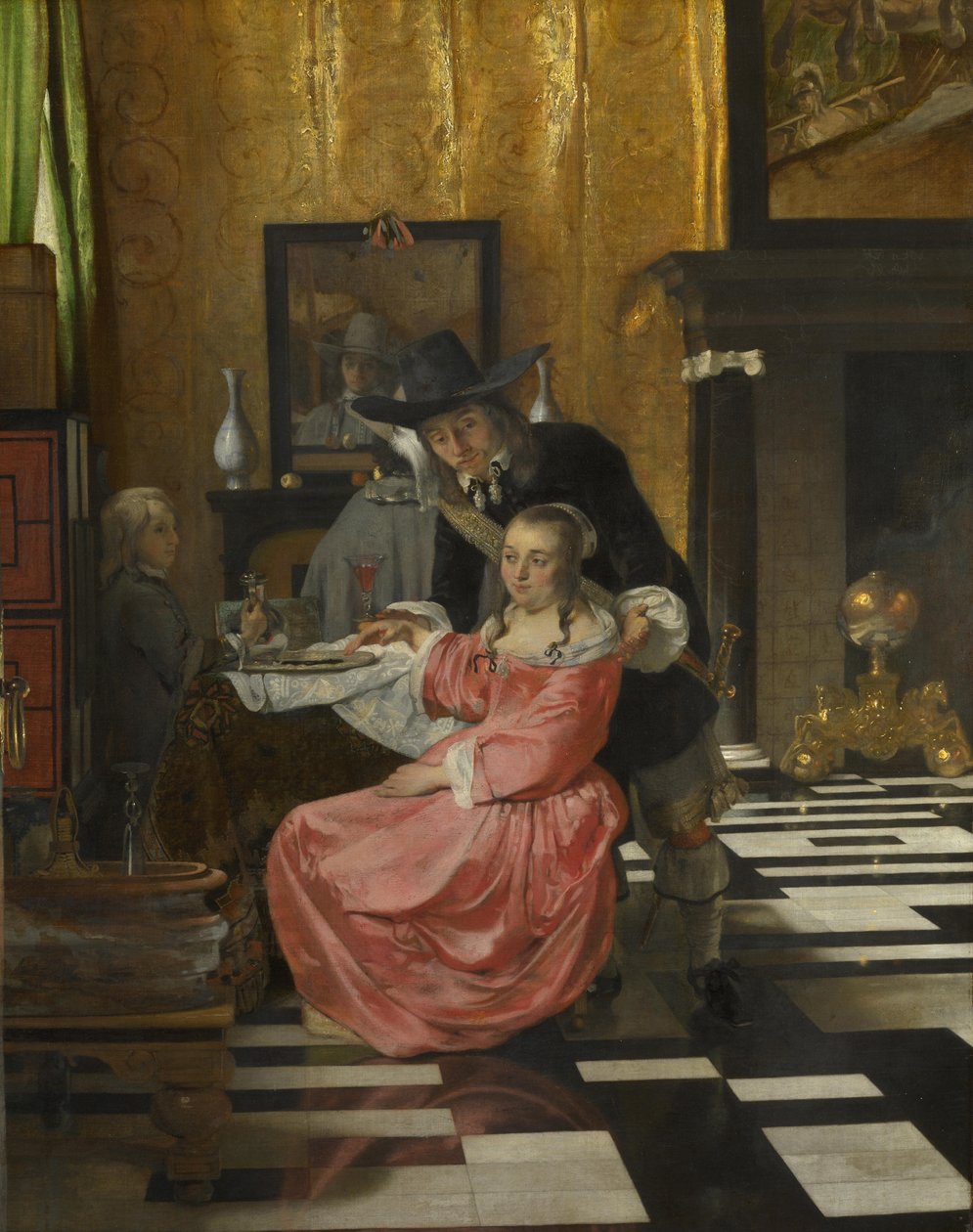Sisustus, jossa nainen kieltäytyy lasillisesta viiniä, n. 1660 tekijältä Dutch Master