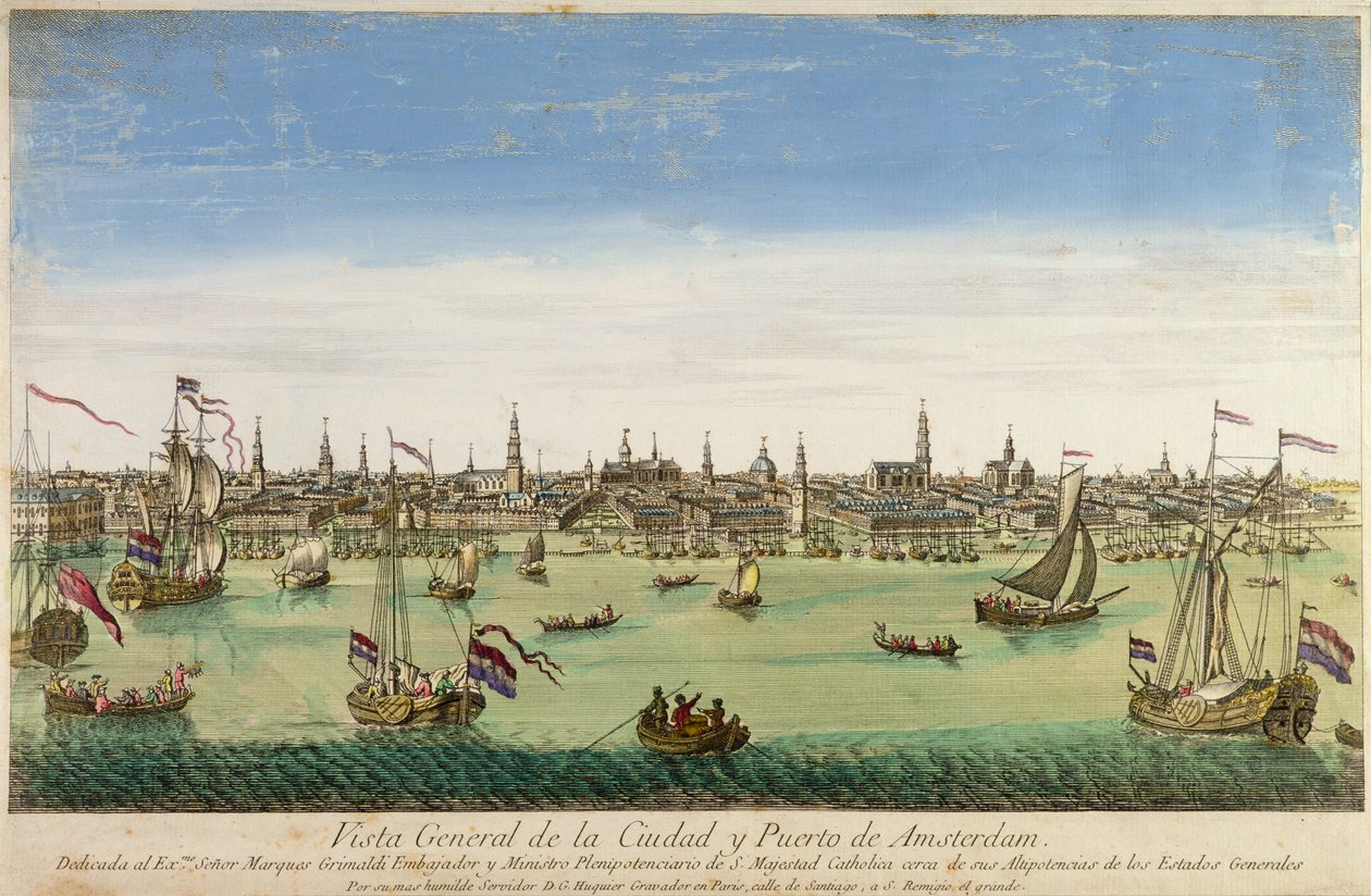 Yleisnäkymä Amsterdamin satamasta ja kaupungista, kaiverrus DG. Hucquier, 1500-luku tekijältä Dutch School