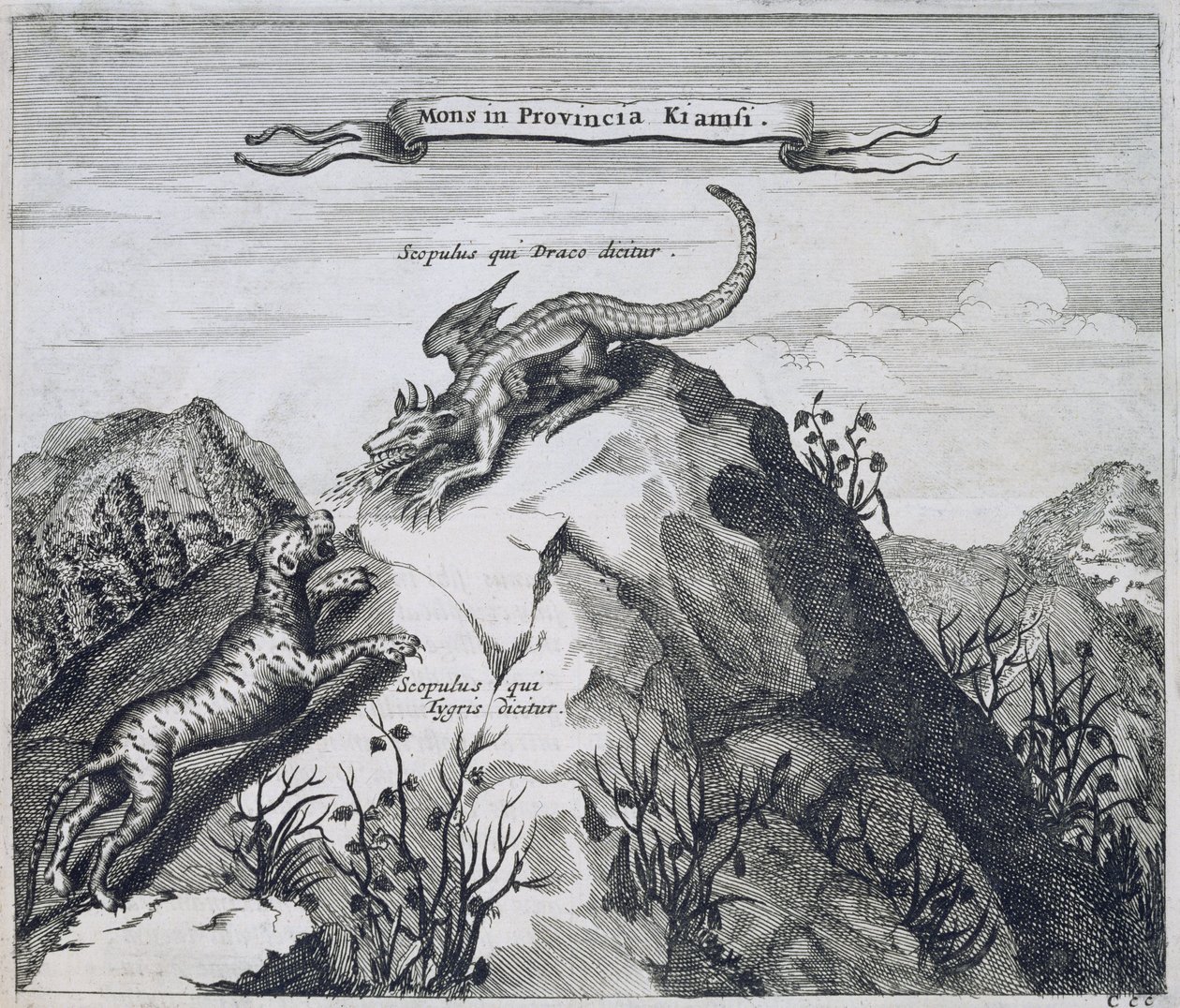 Vuori Jiangxin maakunnassa, jossa on lohikäärmeenä ja tiikereinä tunnetut kalliot, Kiinasta Kuvittanut Athanasius Kircher (1601-80) 1667 tekijältä Dutch School