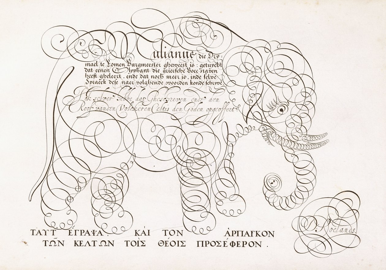 Kalligrafinen kuvio norsusta, 1616-1617 ja 1600-luvun loppu tekijältä Dutch School
