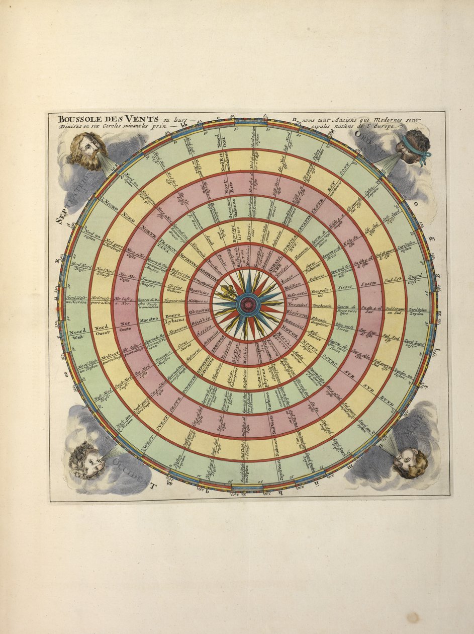 Kartta tuulista, Charles Penen ja Pieter Mortierin teoksista "De Fransche Neptunus and Atlas Maritime and Suite du Neptune François" (värillinen kaiverrus) tekijältä Dutch School