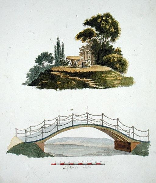 Maalaismainen tuoli ja pöytä sekä koristesilta, G. van Laarin julkaisusta "Garden Gems", julkaistu 1802 tekijältä Dutch School