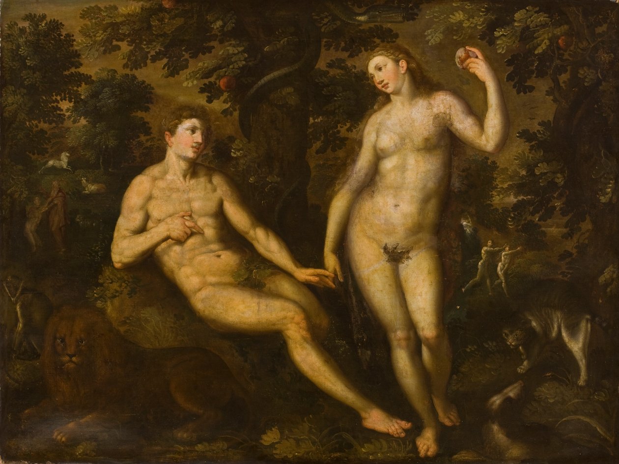 Aadam ja Eeva Eedenin puutarhassa, noin 1590-1610 tekijältä Dutch School