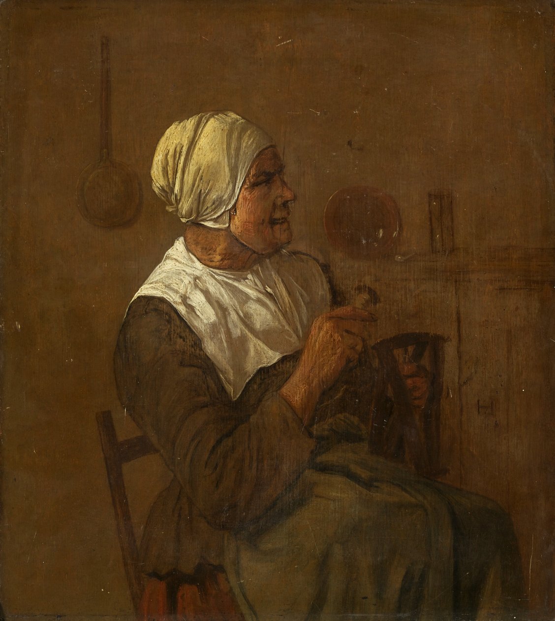 Vanha nainen istumassa, n. 1650-1700 (öljy paneelissa) tekijältä Dutch School
