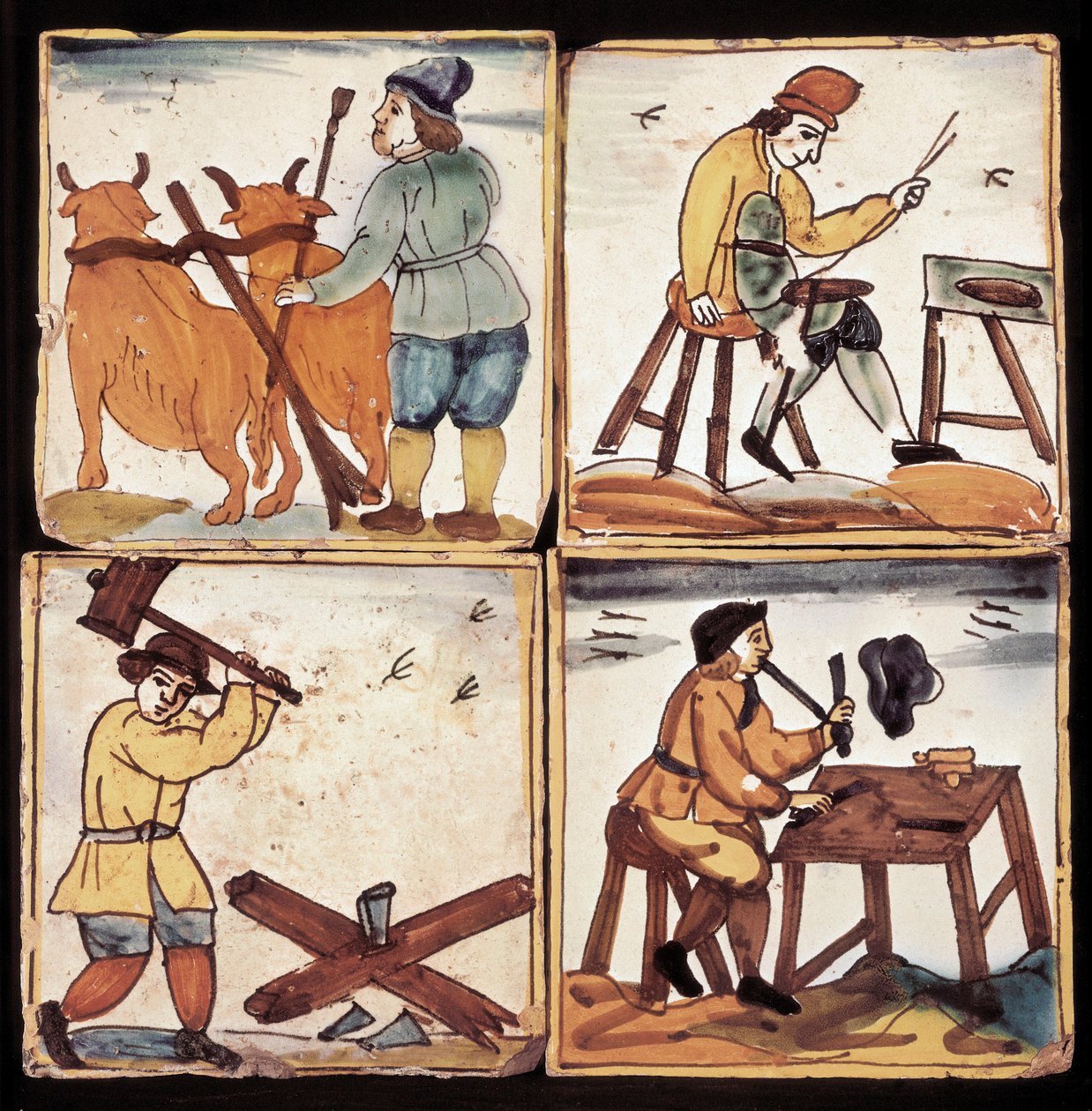 Azulejos-paneeli: ammattien edustus, talonpoikien maanmuokkaus, säästölaite, puunhalkaisija ja piiperi (keraaminen). tekijältä Dutch School