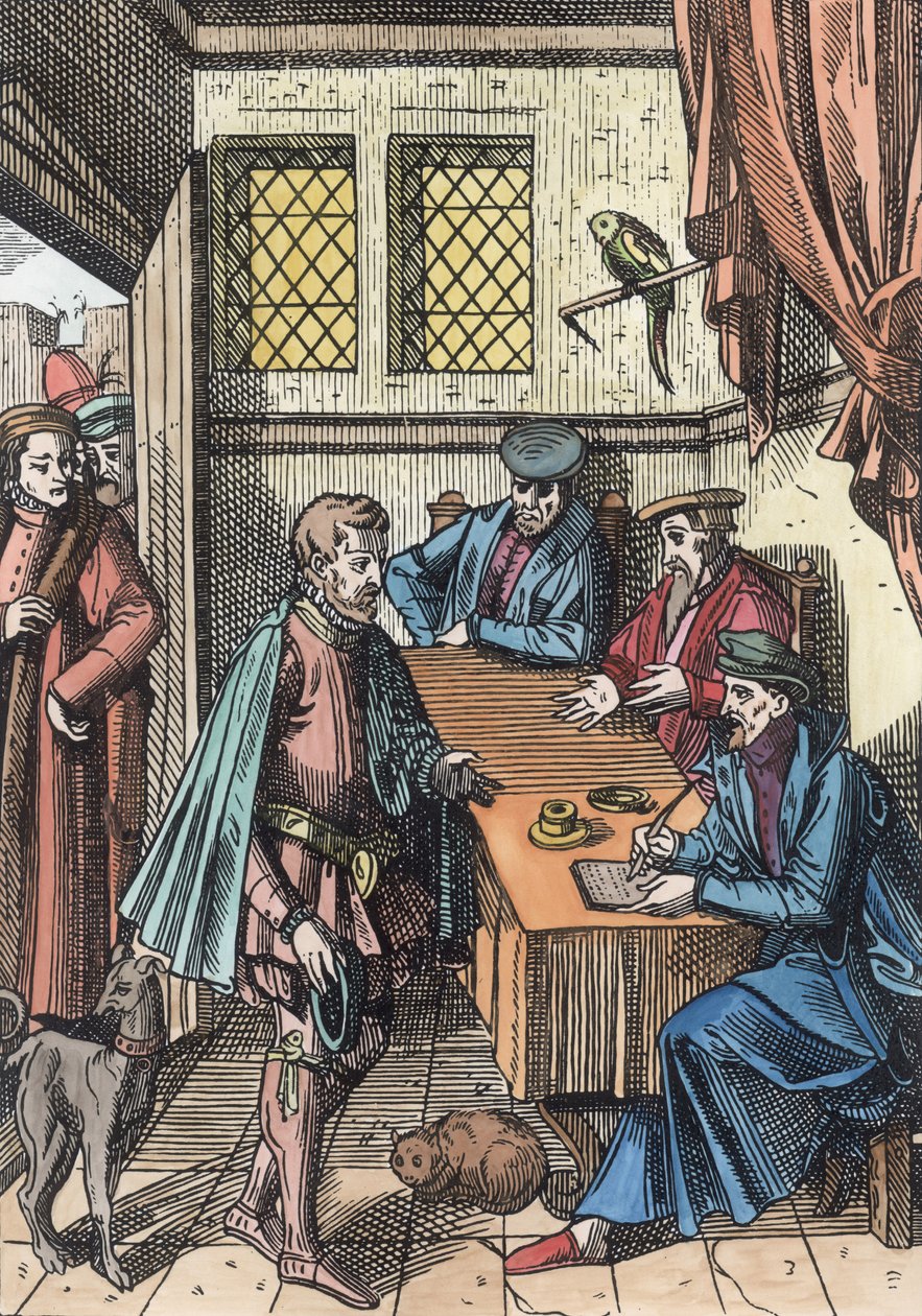 Bailliage eli Tribunal of the Kings Bailiff Joos de Damhouderin (1507-81) Praxis Rerum Civiliumissa julkaistun Antwerpenin, 1557 (myöhemmin väritetty) puukaiverruksen jälkeen tekijältä Dutch School