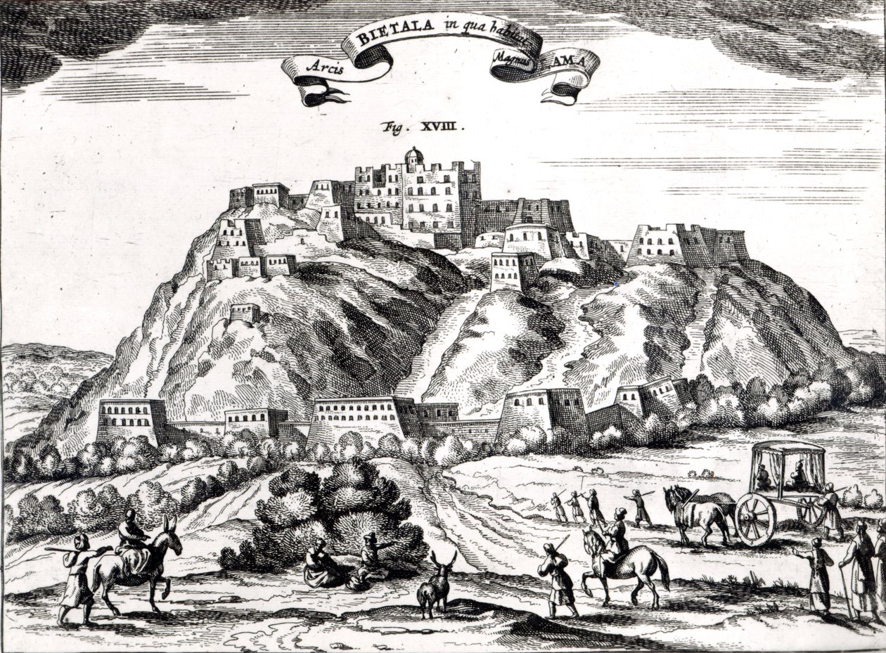 Bietala, Lama Suuren linnoitus, Lhassan kuningaskunta,kuva Athanasius Kircherin (1602-80) teoksesta "La Chine illustree" Amsterdam, 1670 (kaiverrus) (bw kuva) tekijältä Dutch School
