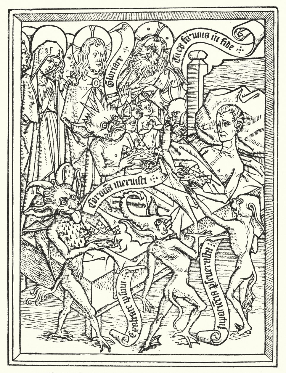 Ars Moriendi -lohkokirja, painettu noin vuonna 1460 Alankomaissa, tekijä tuntematon (litografia). tekijältä Dutch School