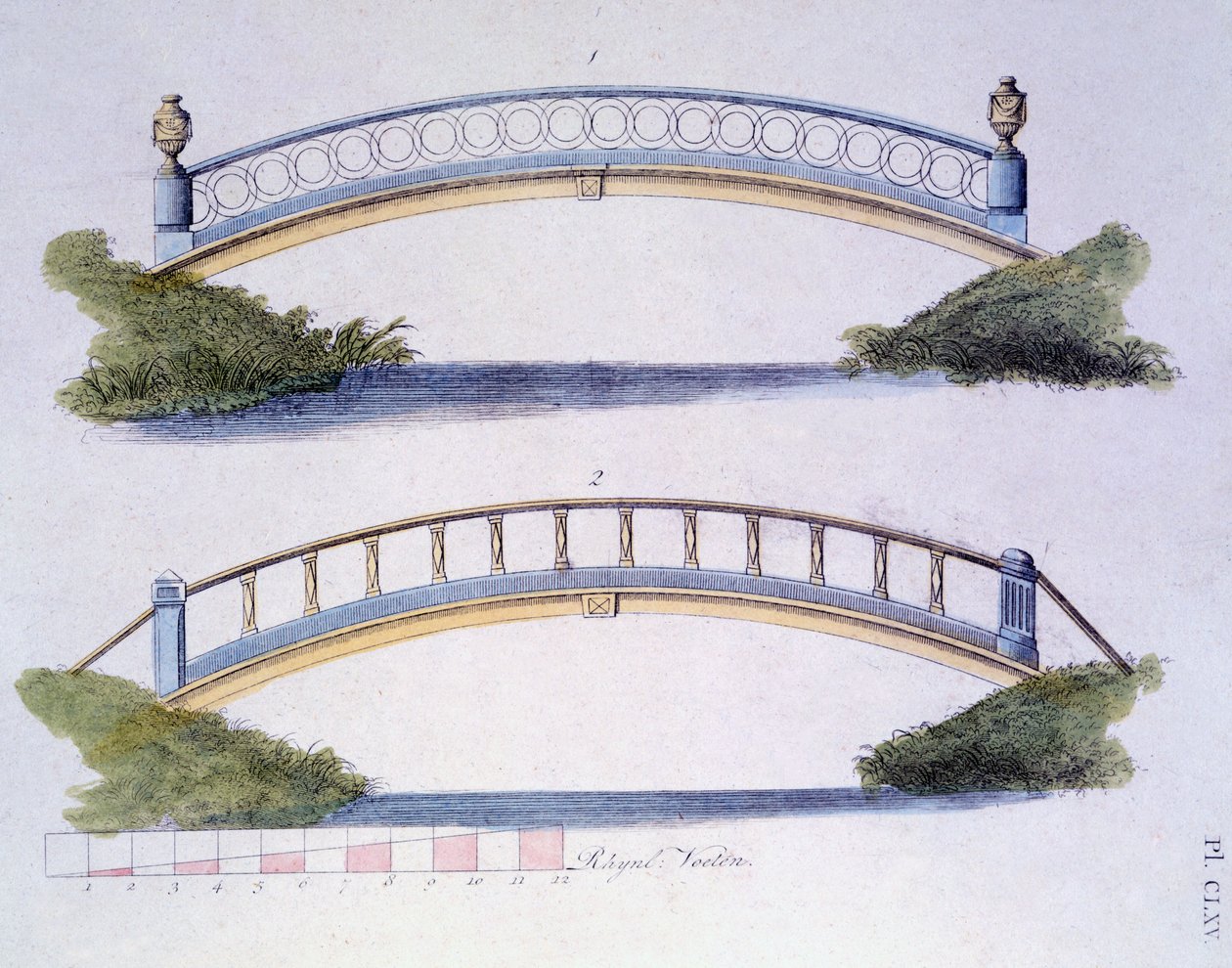 Siltasuunnitelmat G. van Laarin Magazine of Garden Gems -julkaisusta, julkaistu 1802 tekijältä Dutch School