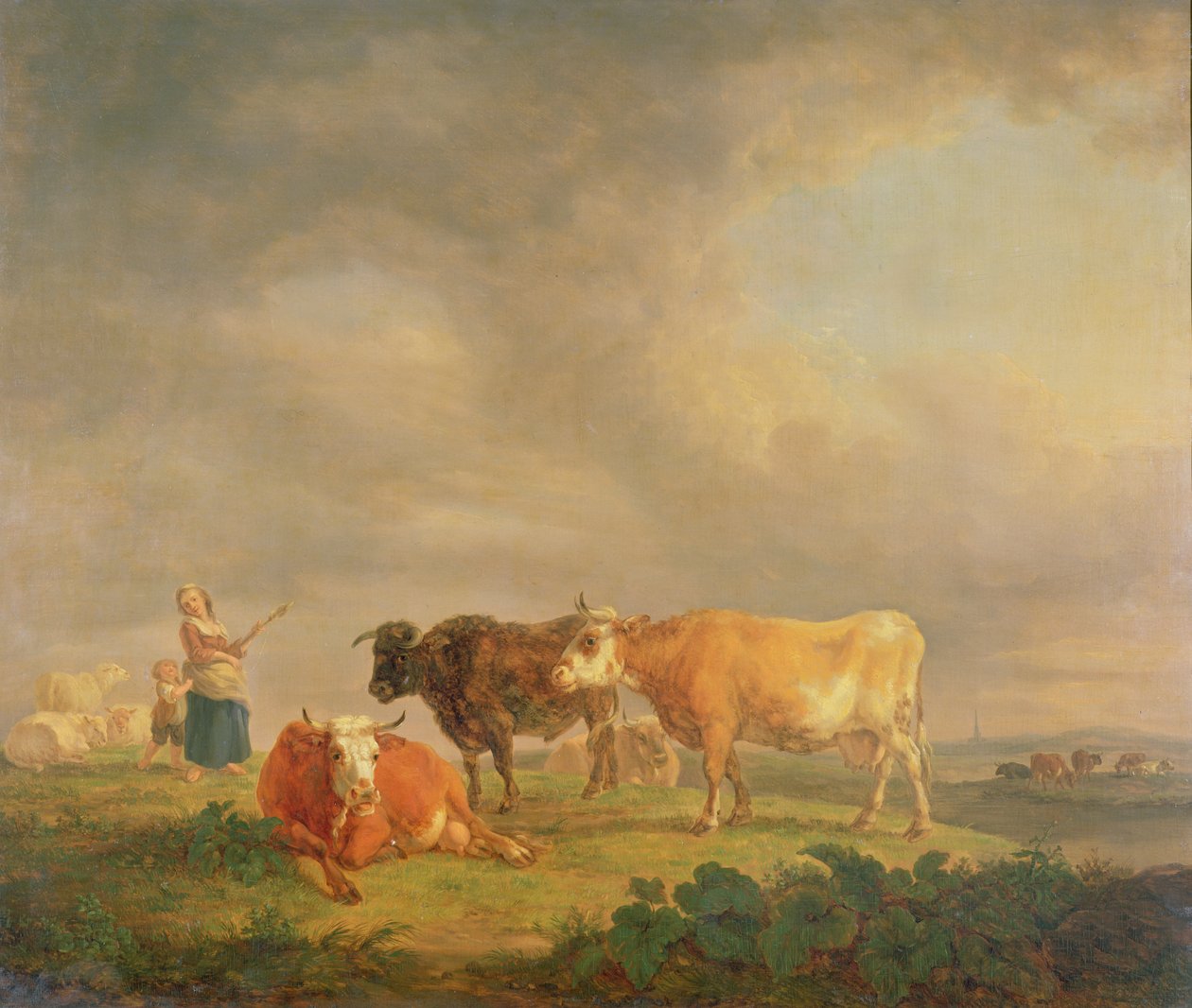 Karja laiduntavat maisemassa, n. 1820 (paneeli) tekijältä Dutch School