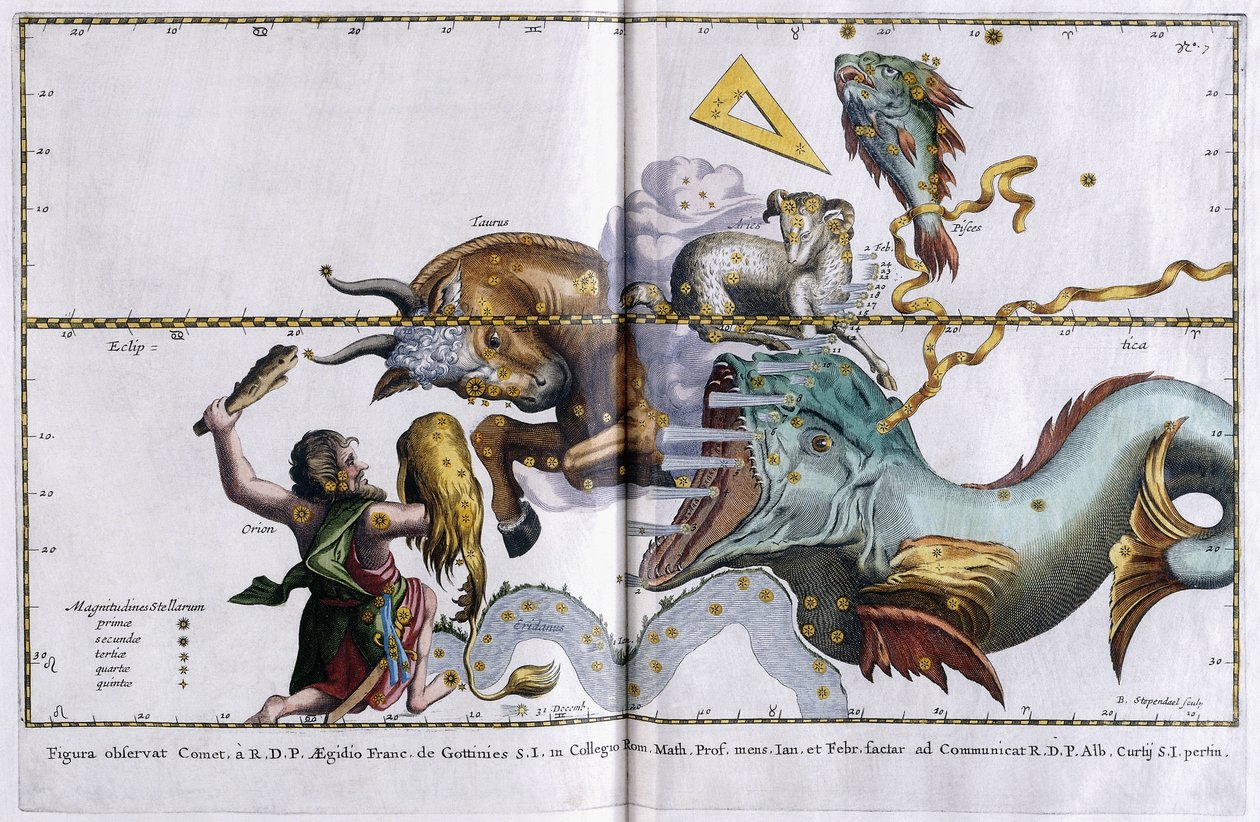 Tähtikuvioiden taivaankartta: Orion, Härkä, Oinas ja Kalat, 1666-1668 tekijältä Dutch School