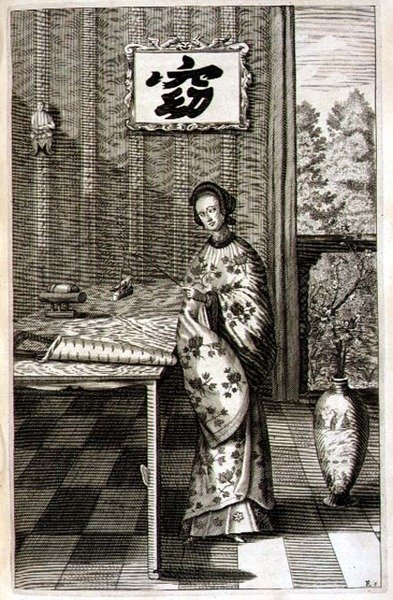 Kiinalainen nainen satakieli kanssa, Athanasius Kircherin (1601-80) kuvasta "China Illustrated" 1667 (kaiverrus) tekijältä Dutch School