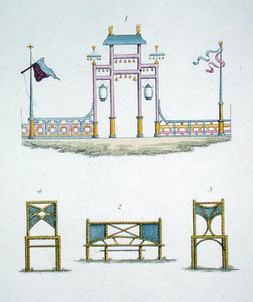Kiinalainen portti ja puutarhaistuimet, G. van Laarin "Magazine of Garden Gems", julkaistu 1802 (värilitho) tekijältä Dutch School