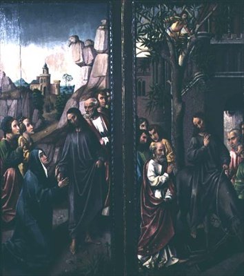 Kristus jättää äitinsä; Kristuksen tulo Jerusalemiin, noin 1500 tekijältä Dutch School