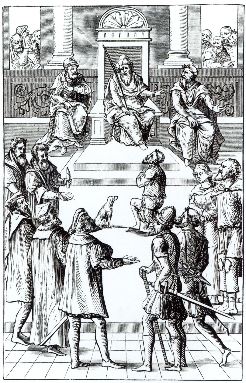 Oikaisutunnustus tuomioistuimessa Joos de Damhouderin (1507-81) Antwerpenissä vuonna 1556 julkaistun Praxis Rerum Criminaliumin puupiirroksen jälkeen tekijältä Dutch School