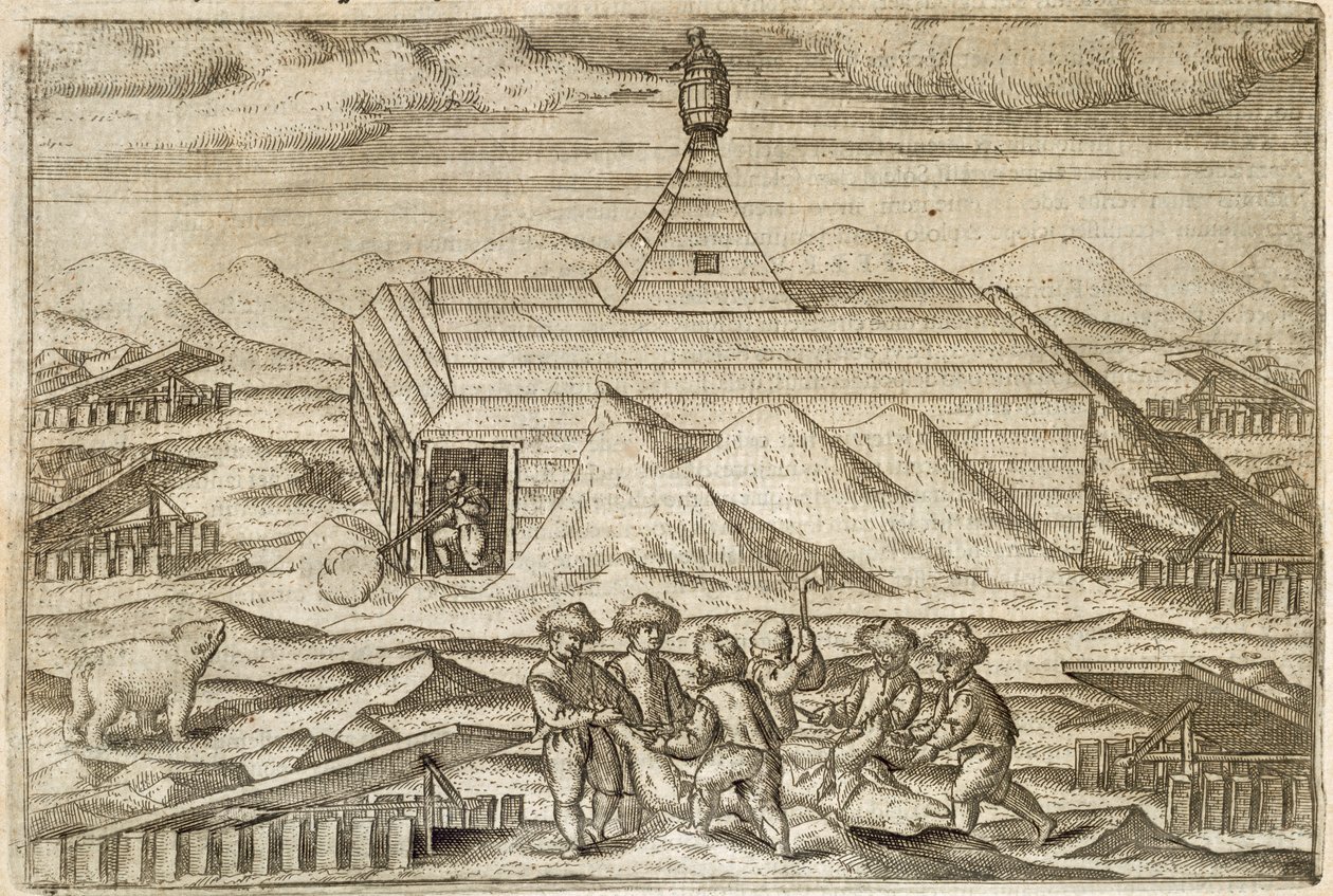 Miehistö tappaa ja nylkee karhuja sen hytin ulkopuolella, jossa retkikunta talvehti, kuva Gerrit de Veerin teoksesta "Diarium Nauticum, seu vera descriptio trium navigationum admirandarum..." tekijältä Dutch School